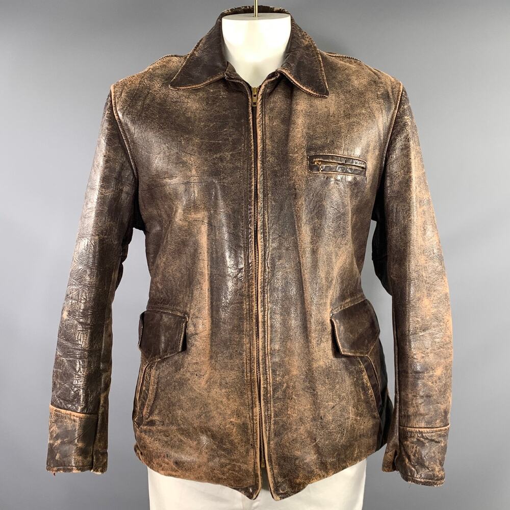 JULESONS BOSTON Size L Brown Distressed Leather Jacket - Picture 1 of 8